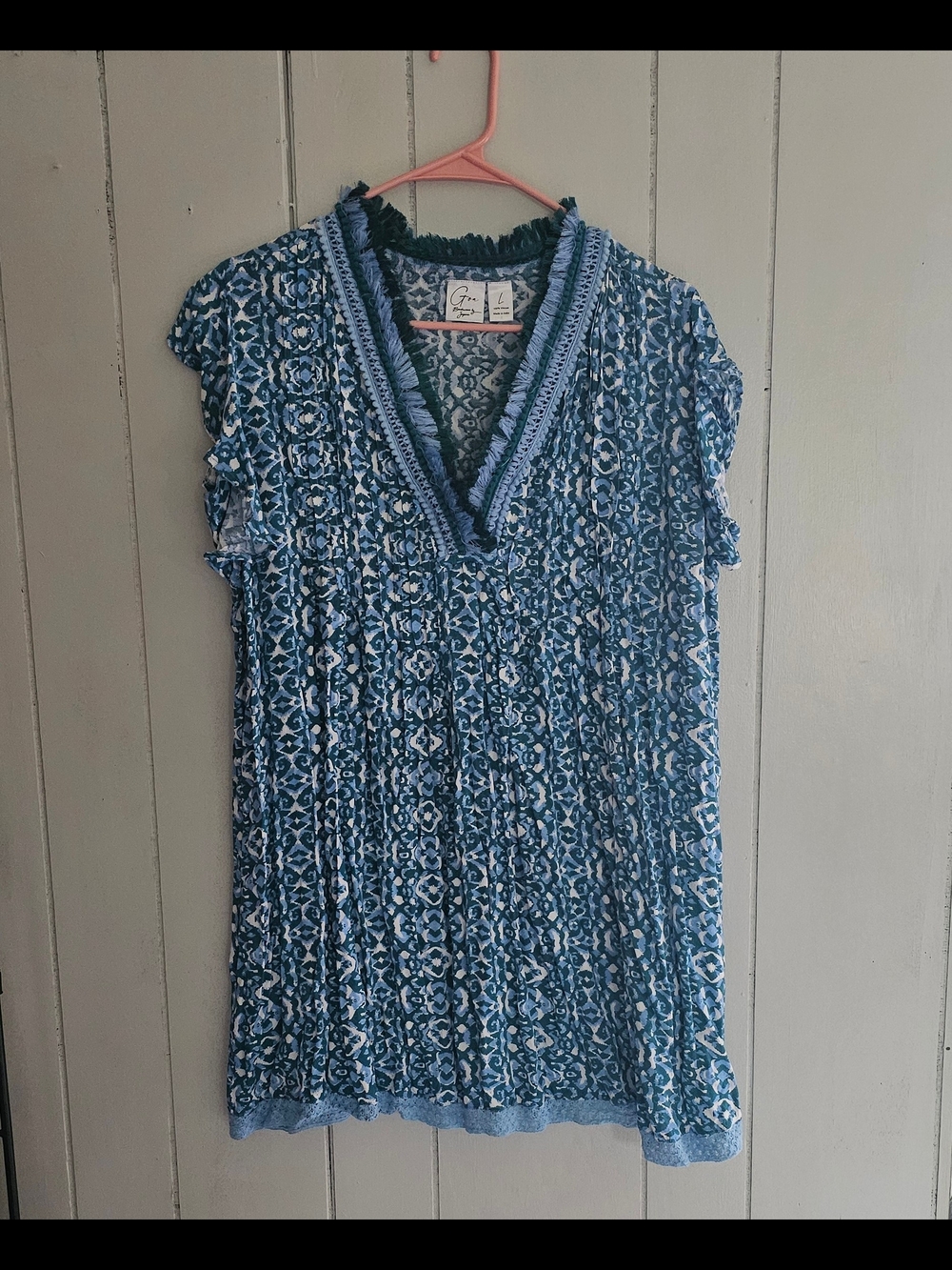 Blue Printed V-Neck Crochet-Trim Tunic Top